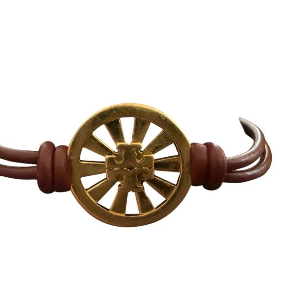 Tory Burch Miller Adjustable Brown Leather Bracelet Gold Sunburst Logo Charm - Picture 3 of 8